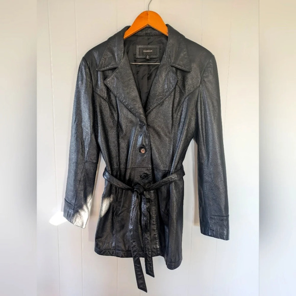 Colebrook Black Leather Belted Jacket XL Long Cinched Waist Coat Vintage Style - Picture 1 of 7